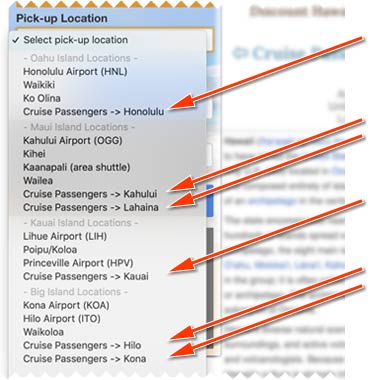 Drop-down of cruise locations in Hawaii
