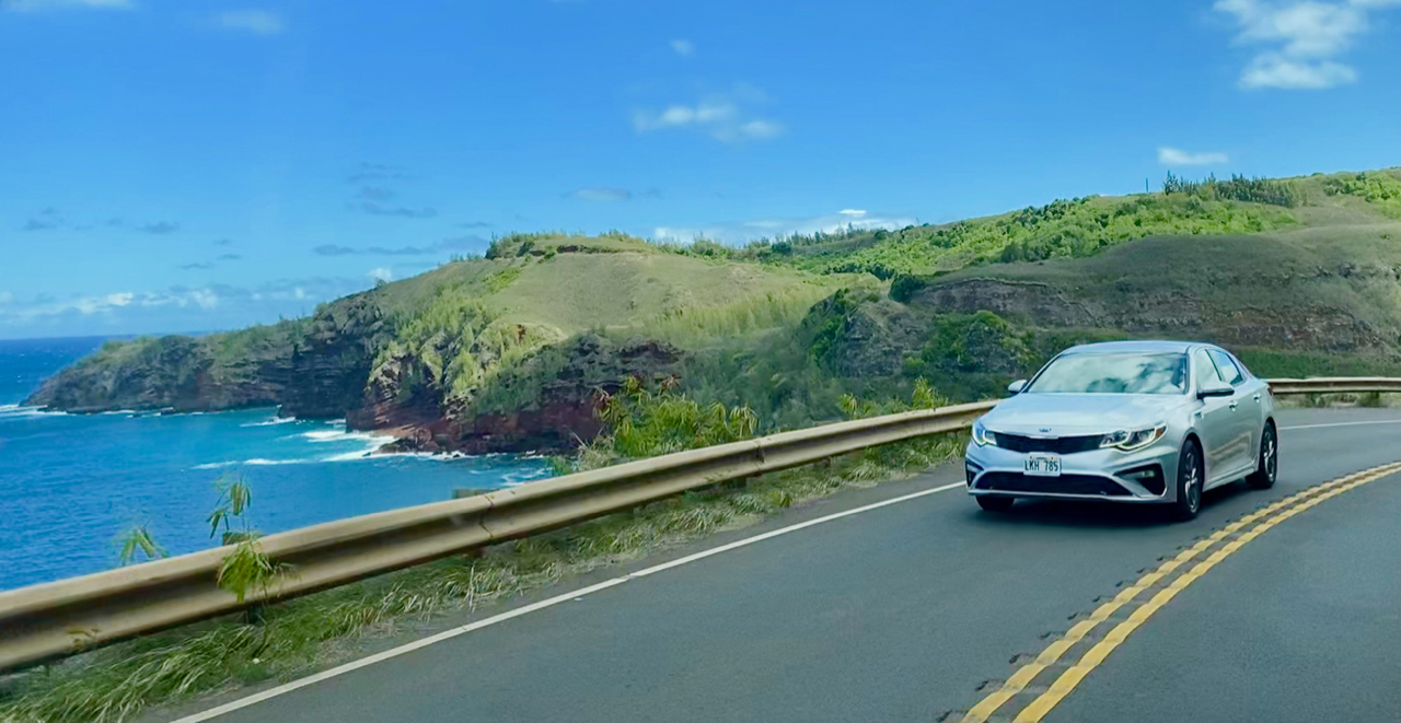 Rental car driving the Road to Hana on Maui