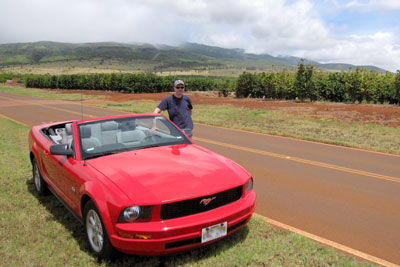 Owner standing next to a Ford Mustang rental car