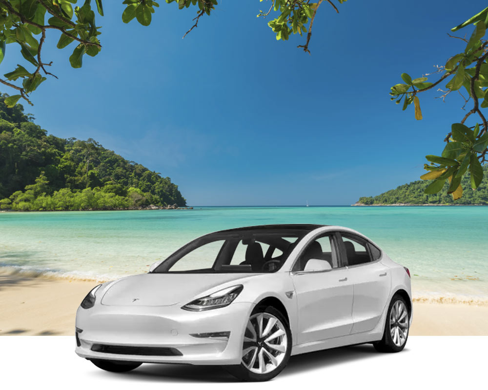 Tesla electric car rental on beach